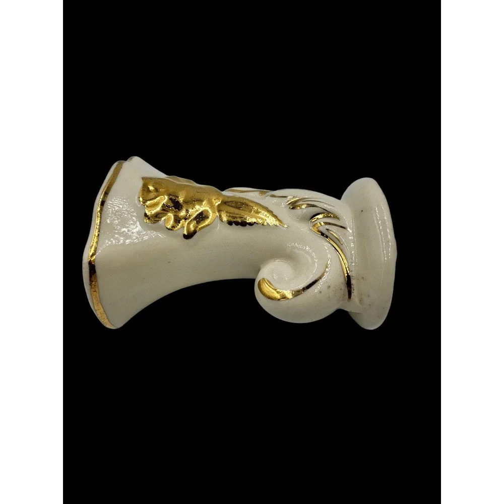 Vintage MCM Ceramic Pottery Cornucopia Vase White w/ Gold Leaf Rose Accents‎